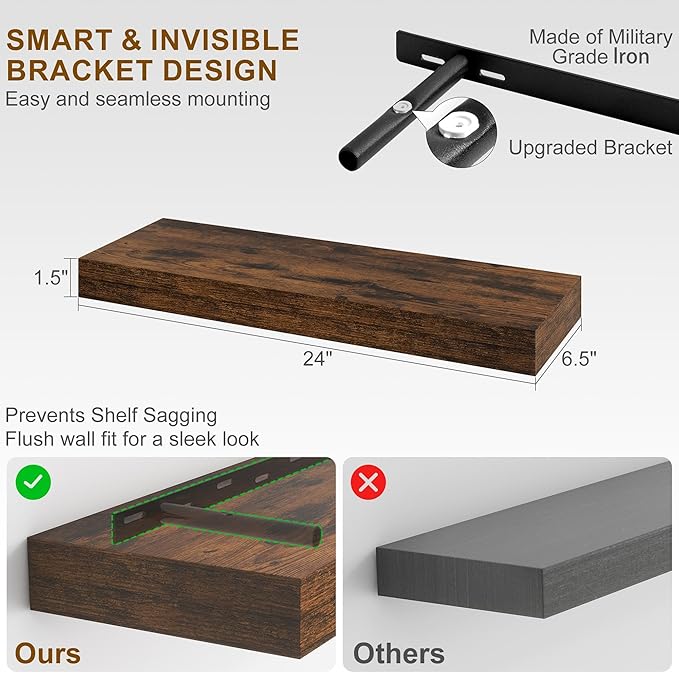 Fun Memories Floating Shelves for Wall, 24Inch Floating Shelves Set of 2, Hanging Shelf with Invisible Brackets, Wood Shelves for Living Room, Bedroom, Kitchen, Brown
