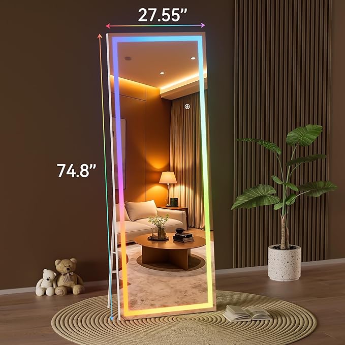 Hasipu 75"x28" LED RGB Bluetooth Full Length Mirror with Lights, Full Body Mirror with Stand, Wall Mount & Free Standing Floor Mirror for Bedroom Living Room Cloakroom, 7 Color & Brightness Adjustable