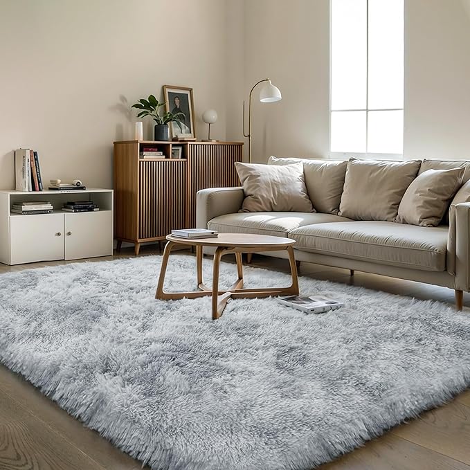 KICHOWUA Thick Area Rug Light Grey Fluffy 4x6 for Bedroom, Soft Shag Comfy Washable Rug for Living Room Dorm Kids Baby Nursery, Plush Shaggy Non-Slip Fuzzy Carpet, Tie Dye Gray