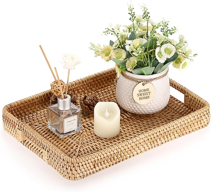 Hipiwe Handwoven Rattan Serving Tray Rectangular Wicker Tray with Handles Natural Decorative Trays for Storage Breakfast, Dessert, Fruit for Coffee Table, 13.4" L x 9.5" W