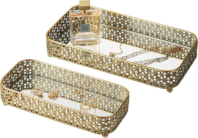 Glitzhome Set of 2 Oversized Gold Mirror Decorative Trays, Rectangular Metal Vanity Jewelry Perfume Tray Dresser Tray, Elegant Hollow-Carved Jewelry Organizer Makeup Trays