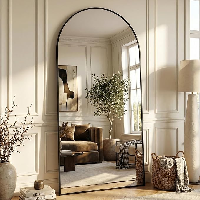 Suidia 81"x41" Arched Full Length Mirror with Stand, Full Body Mirror with Aluminum Frame, Freestanding/Leaning/Wall-Mounted, Floor Mirrors for Bedroom, Living Room, Entryway, Dressing Room, Black