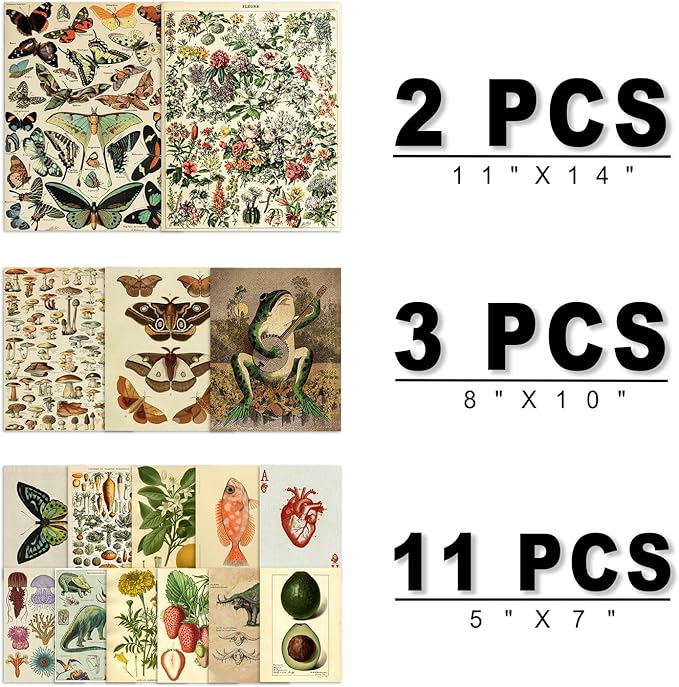 ANERZA 16 PCS Vintage Wall Art Decor, Botanical Cottagecore Wall Collage Kit for Bedroom, Farmhouse Posters for Room Aesthetic, Wall Prints Pictures for Living Room, Rustic Dorm Gallery Home Decor