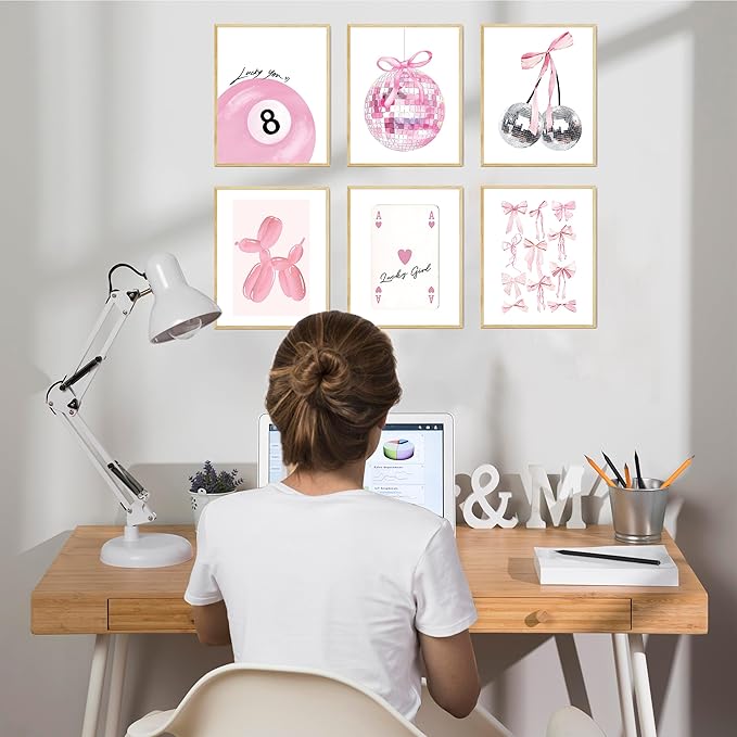 Coquette Room Decor, Preppy Aesthetic Posters for Room, Pink Disco 8 Ball Wall Art Prints, Trendy Cute Teen Girls College Dorm Bedroom TikTok Lucky Cherry Wall Posters, 8 x 10 Unframed, Set of 6