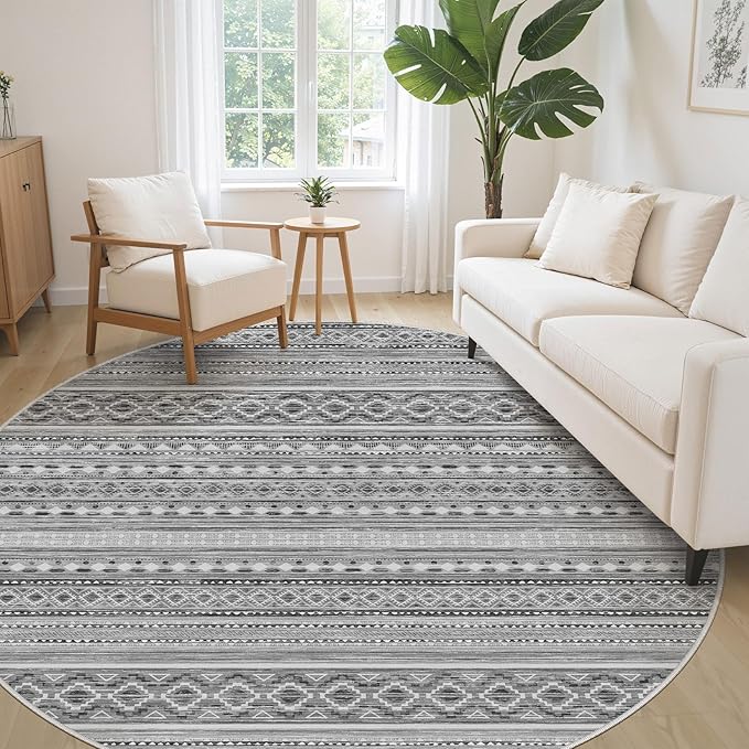 cotiled 8x8 Round Area Rug Living Room: Washable Boho Rugs with Non Slip Backing Large Soft Indoor Stain Resistant Carpet for Bedroom Farmhouse Dining Room Lightweight Home Decor Beige Grey