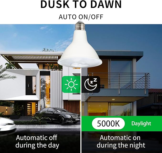 Qualilux PAR38 Dusk to Dawn LED Flood Light Bulbs, Daylight White 5000K, 150W Equivalent 17W, 1700LM, Auto On/Off Light Sensing Outdoor Light Bulb, 2 Pack, Non-Dimmable, HQ-H033