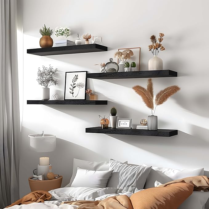 GXYAWPJ Black Wood Floating Shelves for Wall Rustic Wall Shelves for Bedroom Set of 6