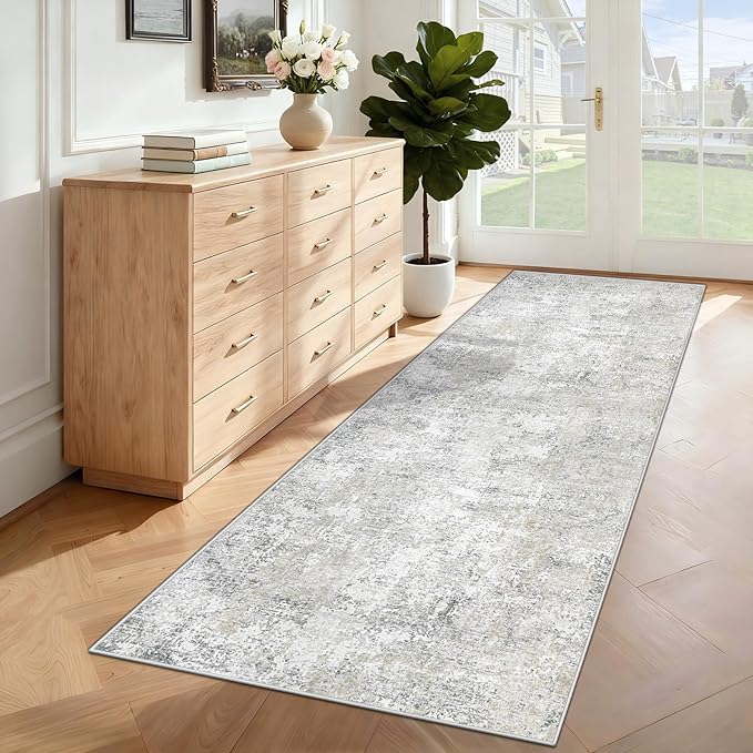 XLUEZ 2x7 Runner Rug for Hallway, Washable Modern Abstract Runner Rugs Neutral Soft Non Slip Kids Rug Stain Resistant Indoor Runners for Entryway Bedroom Kitchen Laundry Room(BeigeGrey, 2'x7')