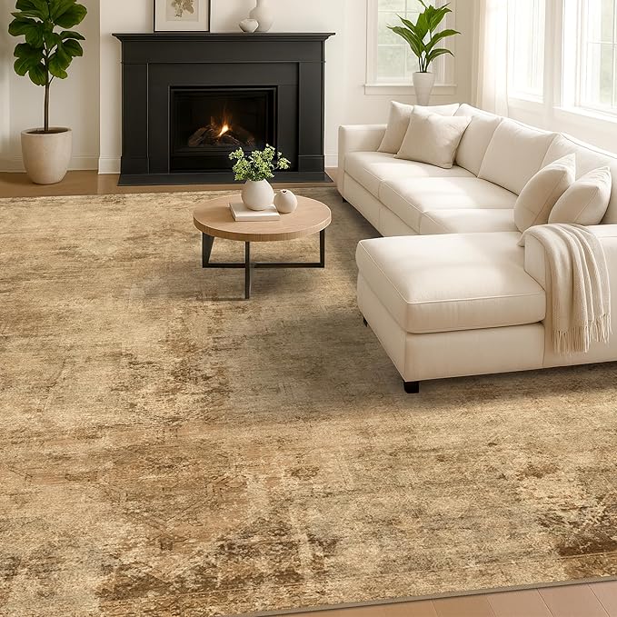 Hazo Haus Farmhouse 8x10 Rugs for Living Room - Brown and Gold Dining Room Area Rugs for Bedroom, Washable, Soft, Lightweight & Stain Resistance, Neutral Dark Vintage Medallion Decor
