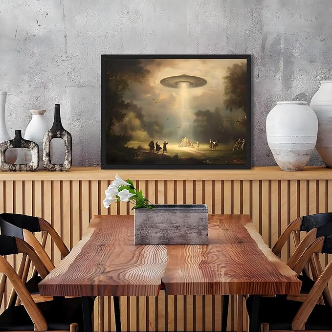 Vintage UFO Landscape Canvas Art Whimsical Farmhouse Wall Decor Retro Victorian Nature Painting Rustic Aesthetic Poster 8X10inch Black Framed