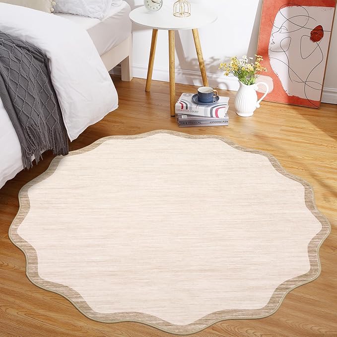GarveeHome Scalloped Round Rugs 5Ft Washable Area Rug for Playroom, Kids Non-Slip Neutral Classic Circle Rug Modern Large Carpet Soft Boys Rug for Classroom Dorm Bedroom, Beige