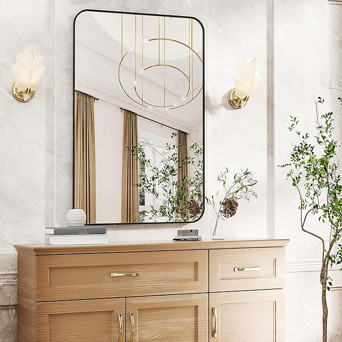 Antok 24x36 Black Metal Framed Bathroom Mirror, Wall Mirror with Round Corners, Vanity Mirror for Over Sink, Anti-Rust Tempered Glass, Horizontal/Vertical Hanging for Bathroom, Living Room, Entryway