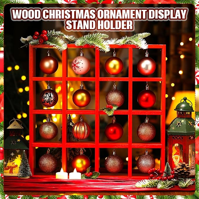 Cinnvoice Christmas Holiday Ornament Displays Rack Wooden Hanging Stand Holder Hanger for Christmas Ball Display Shelf Cabinet for Craft DIY Wall Decorations Gift(Red,16 Compartment)