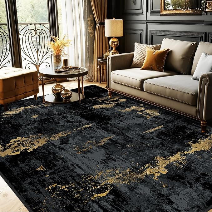 RELEANY Washable Area Rugs 7'x9' Non-Slip Modern Abstract Soft for Living Room Entryway Bedroom Nursery, Print Pattern, Dark Black Gold