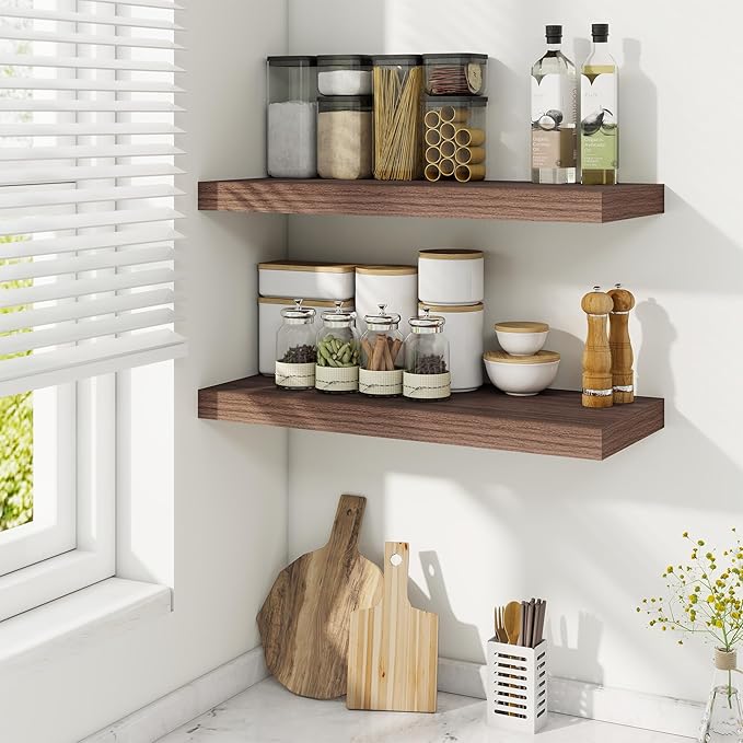 Fun Memories 24 Inch Floating Shelves, 9.3 Inch Deep Rustic Wall Shelves - Extra Deeper Wall Mounted Storage Shelves for Bathroom, Kitchen, Living Room (Walnut, Set of 2)
