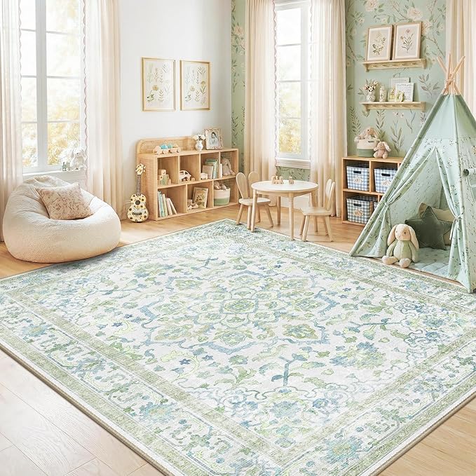 CAPALOCA Machine Washable Rugs Nursery Rug 5x7 Cute Girl Non Slip Low Pile Water Repellent Soft Print Pattern for Bedroom Indoor Decor Kids Playroom Green Blue