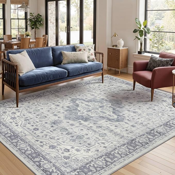 Rugxara 5X7 Washable Area Rug for Living Room, Vintage Large Boho Rugs for Office, Dining Room, Kids Room, Farmhouse, Durable Low Pile Non Slip Carpet for High Traffic Areas, Blue Quartz