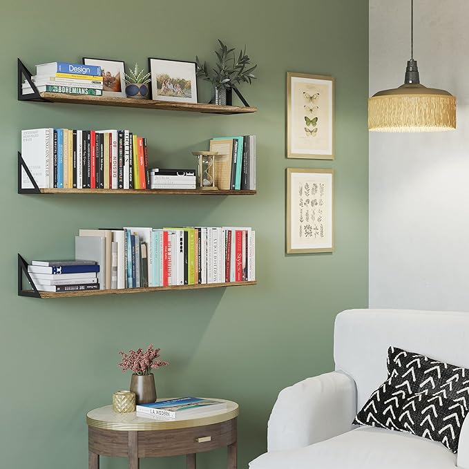Wallniture Minori Wall Bookshelves for Living Room Decor, 36" Floating Shelves for Bathroom, Kitchen, Bedroom, Floating Bookshelf Wall Storage, Set of 3 Natural Burned