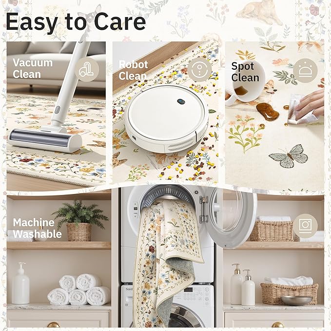Soalmost Dog 6x9 Area Rugs for Living Room, Machine Washable Animal Floral Vintage Rug Non-Slip Low Pile Soft Throw Rugs for Bedroom Dining Room Kitchen Nursery Playroom (6 x 9,Beige)
