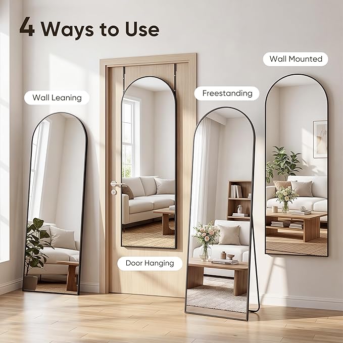 58"x20" Over The Door Mirror, Arched Full Length Mirror with Aluminum Frame, Adjustable Hooks, Wall Mounted or Standing for Bedroom Living Room, Black