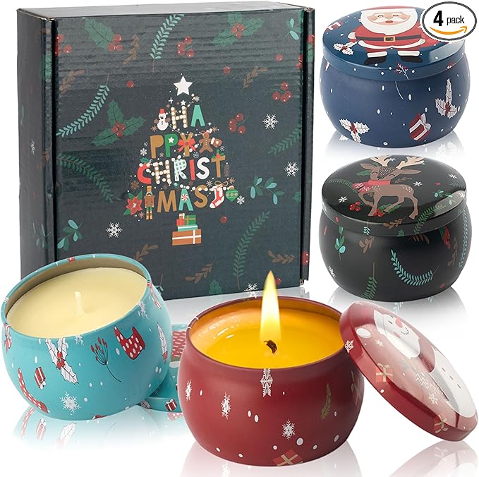 Christmas Scented Candles Gifts - Xmas Candle Gift Set for Women Men Aromatherapy Soy Wax Natural Small Festival Aroma Candle Gift 4 PCS 4.4 Oz for Mothers Day Birthday Diwali Teachers Girls