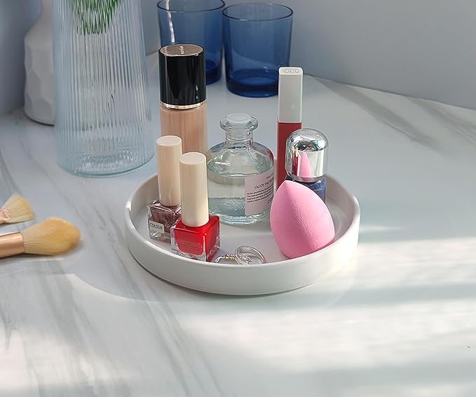White Round Small Tray (6.5 inch) for Bathroom & Kitchen Decor - Decorative Vanity Tray, Coffee Table Tray, Countertop Organizer for Perfume, Soap, Jewelry - Sturdy Plastic Serving Tray