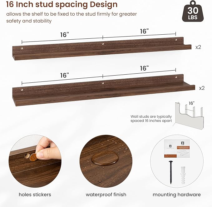 Axeman Picture Ledge Shelf | 36 Inch Walnut Floating Shelves Set of 4 | Rustic Wood Wall Shelves with Lip | 36" Walnut Picture Shelves for Wall with Ledge | Photo Shelves