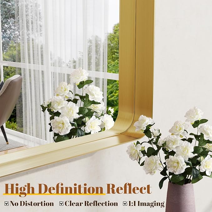 Bathroom Mirrors for Over Sink 30 x 48 Inch Rounded Corner Rectangle Bathroom Vanity Mirror Bathroom Mirror for Wall Hangs Horizontally or Vertically for Living Room Bedroom Entryway Gold