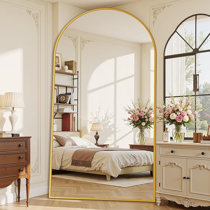 Suidia 90"x46" Arched Full Length Mirror with Stand, Full Body Mirror with Aluminum Frame, Freestanding/Leaning/Wall-Mounted, Floor Mirrors for Bedroom, Living Room, Entryway, Dressing Room, Gold