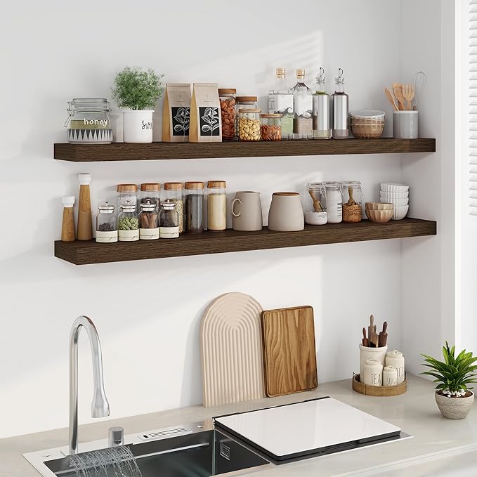 Fun Memories 55 Inch Fireplace Mantel - Long Floating Shelf, Wall Mounted Farmhouse Display with Invisible Heavy Duty Metal Bracket, 2 Pack, Walnut