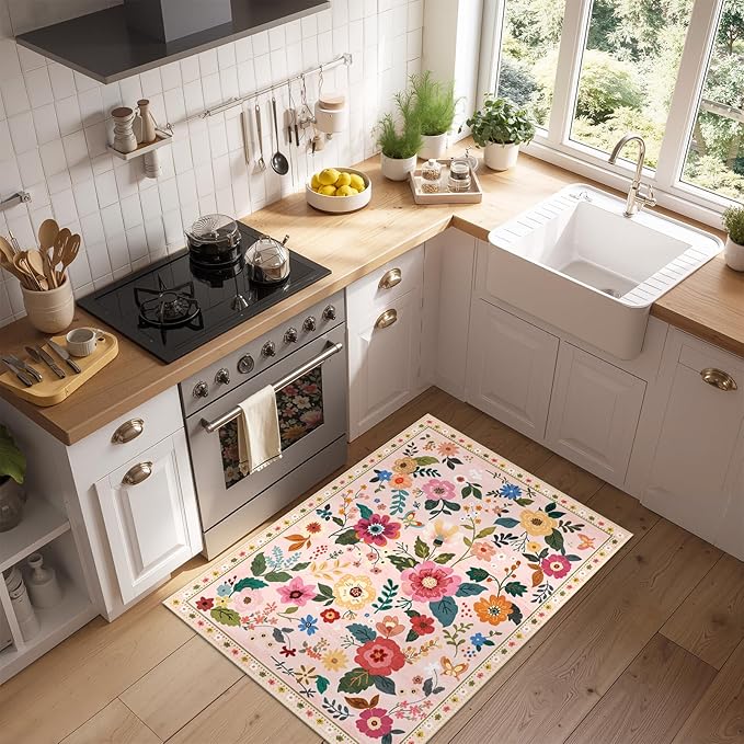 RELEANY Floral Nursery 2x3 Area Rugs Washable Print Boho Cute Carpet Non Slip Flower Low Pile for Living Room Kids Girls Playroom Bedroom Kitchen Office Farmhouse-Pink