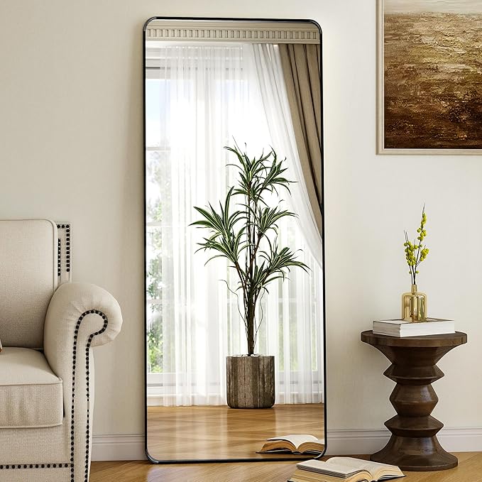 Black Full Length Mirror 16 x 59 Inch Nano Floor Mirrors with Stand, Rounded Corner Full Body Mirrors with Aluminum Alloy Frame for Bedroom Living Room Checkroom