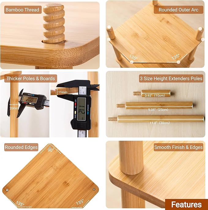 3 Tier Expandable Bamboo Corner Shelf - Dish/Plate Organizer for Cabinet, Kitchen Counter Shelf & Small Kitchen Shelf, Adjustable (1, 3Tier-3.9" H)
