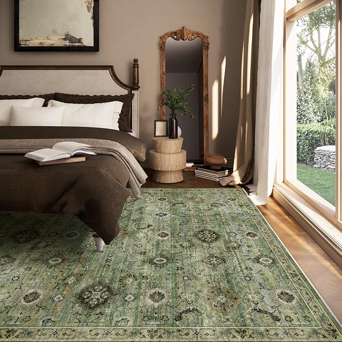 Washable Area Rugs for Living Room: 6x9 Rug Boho Vintage Rugs Stain Resistant Non Slip Low Pile Lightweight Soft Carpets for Bedroom Kitchen Dining Room Nursery Kids Room Farmhouse Home Office