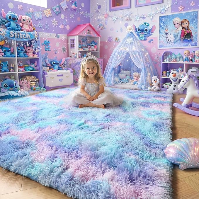 Amdrebio Blue Purple Rainbow Rugs for Bedroom Girls Room Decor, 5x7 Fluffy Cute Area Rugs for Kids Room Playroom Nursery Dorm, Mermaid Stitch Frozen Fuzzy Carpet, Plush Kawaii Furry Baby Toddler Rug