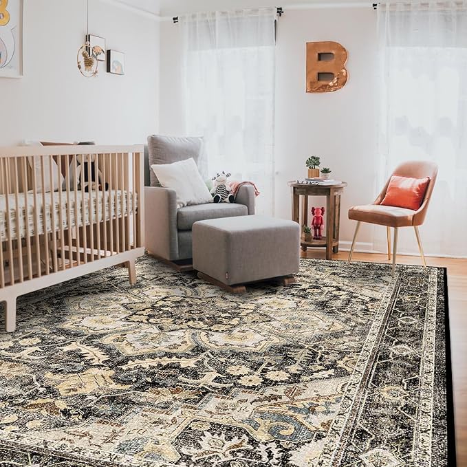 TOPRUUG Washable Area Rugs 8x10 - Large Rugs for Living Room Non-Slip Non-Shedding Thin Carpet for Bedroom Kitchen Stain and Water Resistant Indoor Carpets (Black/Grey, 8x10)