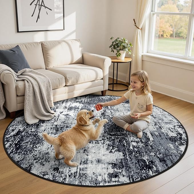 RELEANY Washable Area Rugs 8ft Non-Slip Modern Abstract Soft for Living Room Entryway Bedroom Nursery, Print Pattern, Black Navy Blue Gray