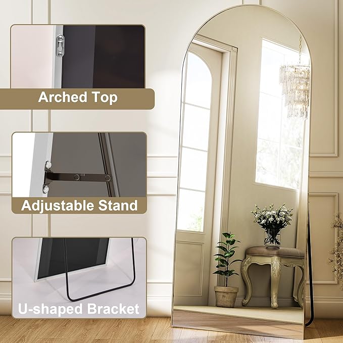 Arched Full Length Mirror 64"x21", Floor Standing Body Mirror with Aluminum Frame,Leaning Hanging for Bedroom Cloakroom Living Room Silver