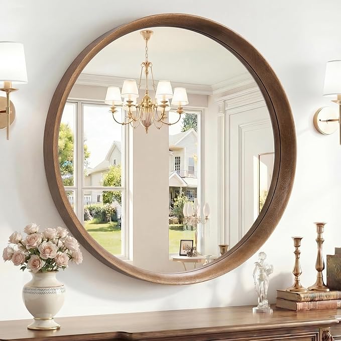 Brakki Round Wall Mirror with Wood Frame, 32 inch Circle Mirror for Bathroom Bedroom Entryway Vanity Living Room, HD Shatterproof Glass, Wall Mounted Decor, Hanging or Leaning, Walnut