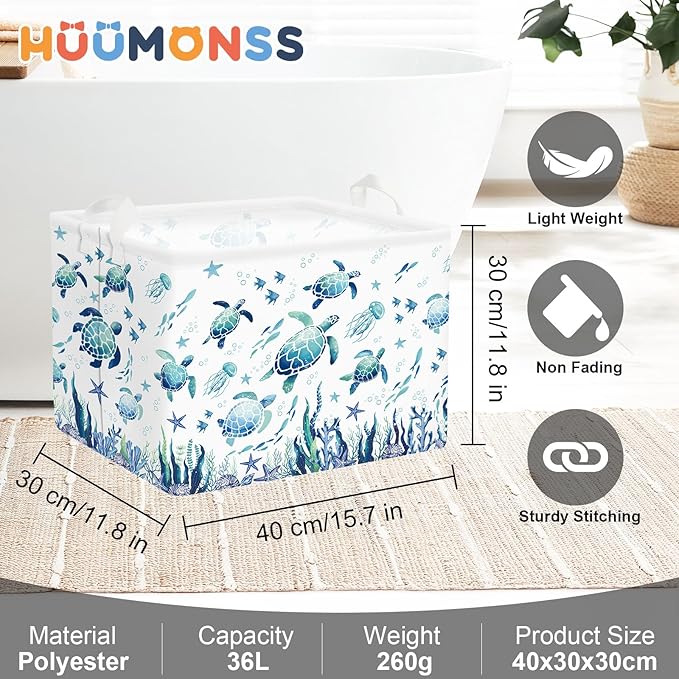 Sea Animals Laundry Hamper Ocean Fish Coral Large Storage Basket Parents Organizer Kids Clothes Toy Bins for Bedroom, Bathroom, Blue Turtles, 36L