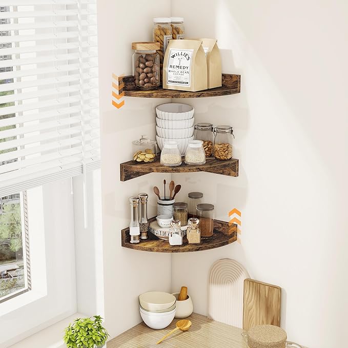 Corner Shelves 3-Pack for Bathroom & Kitchen, Space-Saving Floating Corner Wall Shelf with Easy Installation- Brown