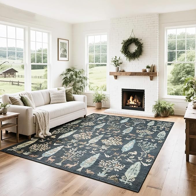 Srugn Washable Rugs 8x10 Area Rugs for Living Room,Bedroom,Dining Room- Large Ultra Soft Faux Wool Retro Carpet,Non Slip&Non-Shedding Low Pile Vintage Print Rug for Home Office Dorm-Dark Green