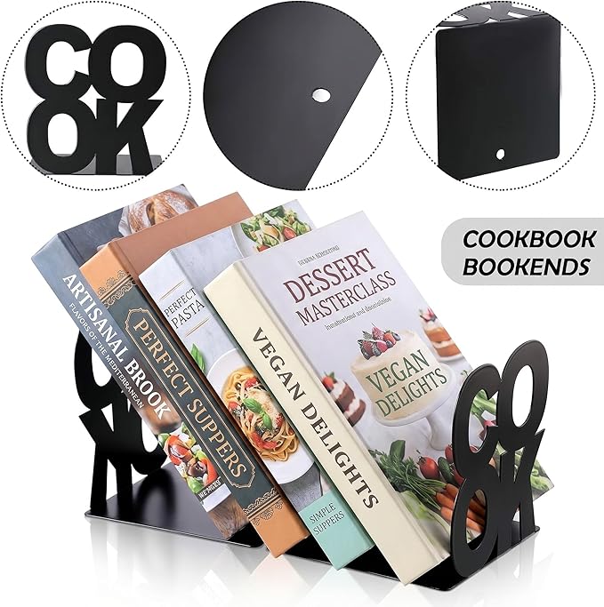 Hotop Cookbook Bookends Kitchen Decorative Metal Supports for Book-Rack Desk Kitchen Book Shelf Holder for Shelves Distinctive Appearance Design Book Ends Metal Supports(Black)