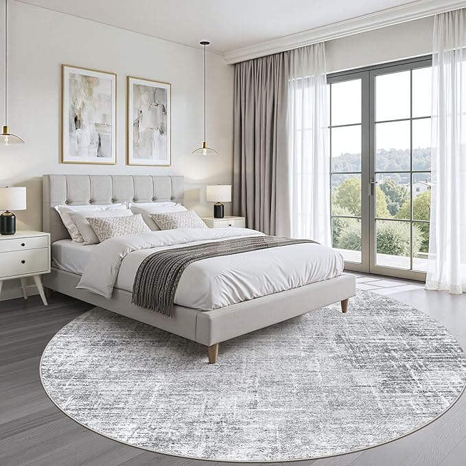 8ft Round Rug Living Room: 8x8 Washable Large Neutral Grey Circle Area Rug Abstract Soft Modern Stain Resistant Indoor Floor Non-Slip Carpet for Bedroom Nursery Kids Office Playroom Dining Room