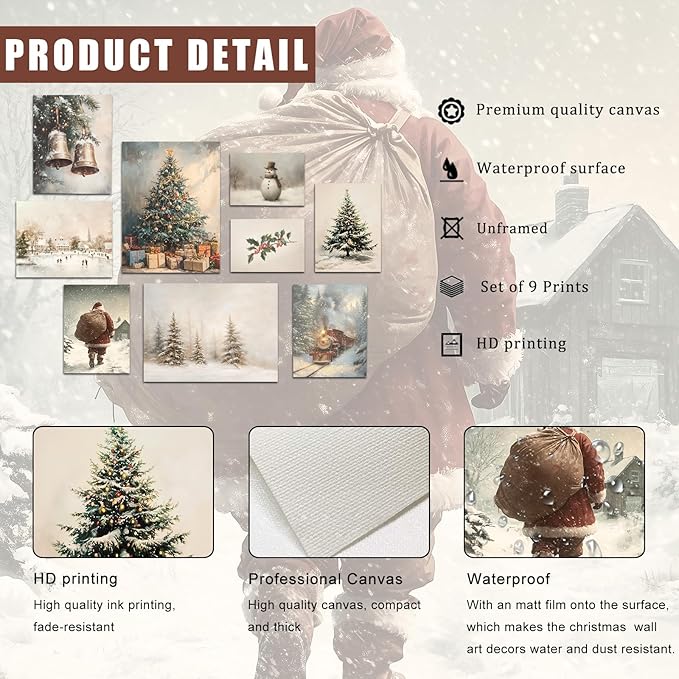 uniro Christmas Wall Art Prints, Vintage Christmas Decor, Farmhouse Winter Holiday Canvas Art Prints, Snowman Pine Tree Santa Claus Forest Landscape Xmas Poster Set, Rustic Christmas Picture Wall Decor for Bedroom, Living Room, Gallery, Winter Room Dec...