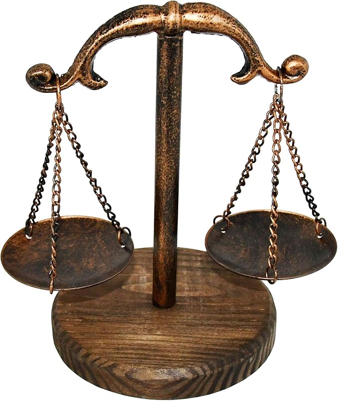 Owlgift Vintage Style Metal Libra Jewelry Tower Tray w/Wooden Base Cosmetic Organizer Storage, Lawyer Scale of Justice, Farmhouse Candleholder, Home Décor Antique Weight Balancing Scale – Bronze