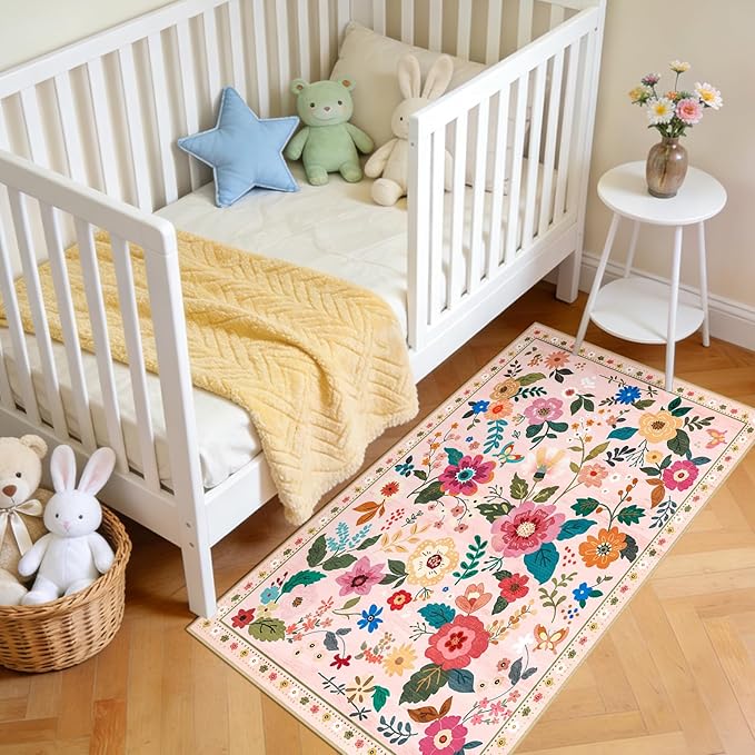 RELEANY Floral Nursery 2x4 Area Rugs Washable Print Boho Cute Carpet Non Slip Flower Low Pile for Living Room Kids Girls Playroom Bedroom Kitchen Office Farmhouse-Pink
