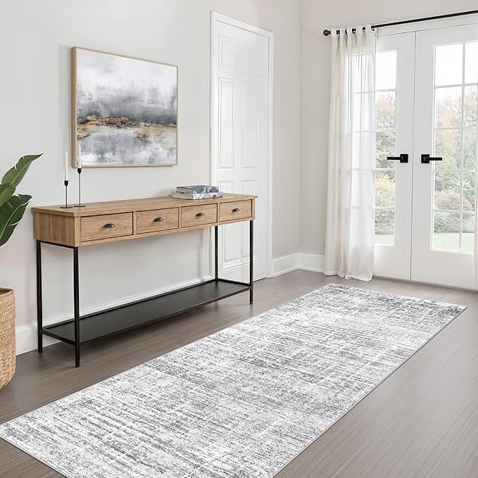 Runner Rug Non-Slip Kitchen Rug: 2x6 Washable Abstract Modern Soft Stain Resistant Indoor Floor Neutral Accent Throw Carpet for Hallway Bathroom Laundry Room Bedroom Entryway- Grey