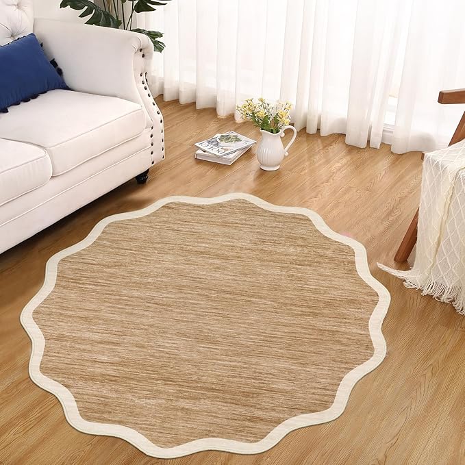 GarveeHome Scalloped Round Washable Rug 5ft, Soft Non Slip Circle Carpets for Bedroom Ultra-Thin, Boho Light Brown Print Distressed Circular Carpet for Living Room Dorm Bedside, Light Brown