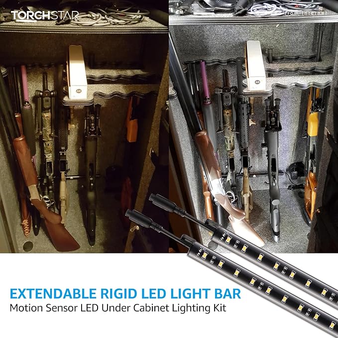 TORCHSTAR LED Safe Lighting Kit, (6) 12 Inch Linkable Light Bars + Motion Sensor + UL Power Adapter, 900LM, Input 100-240V, for Under Cabinet Gun Safe Locker Closet Showcase, 5000K Daylight